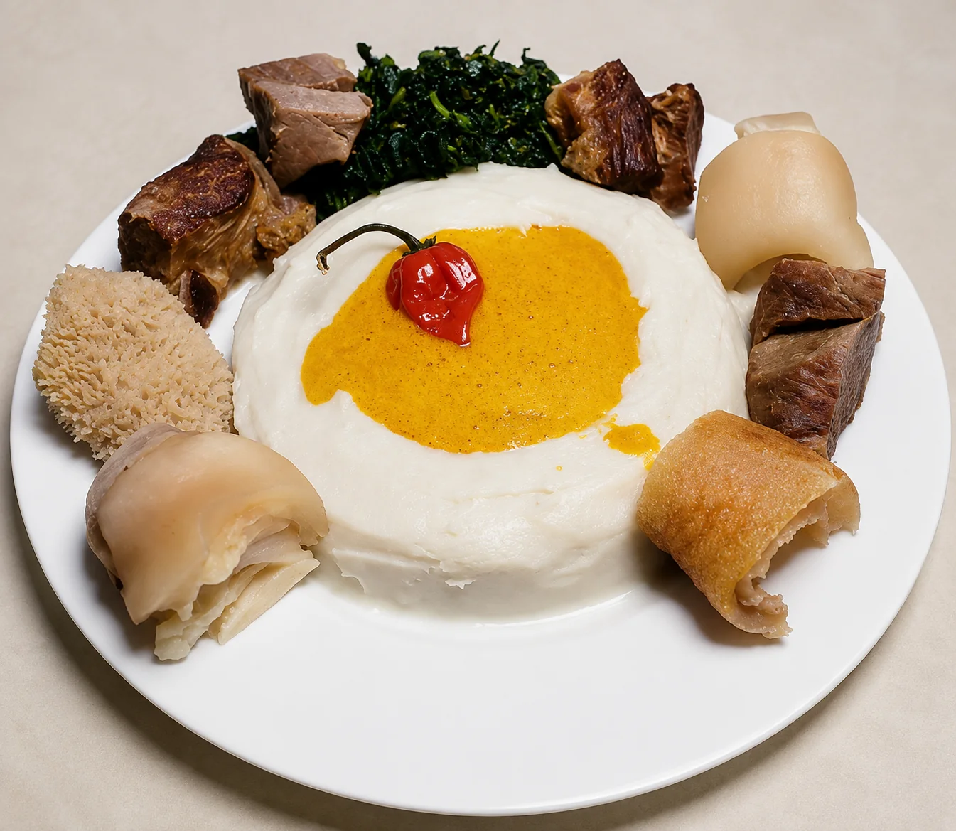 Dreamz Premium Achu served with meat and vegetables