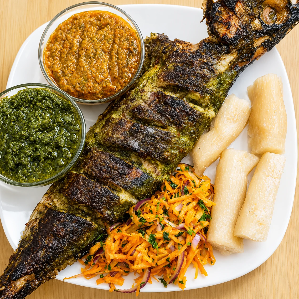 Grilled fish served with vegetables and sides